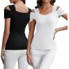imageBlingfit Cold Shoulder Tops Tunic Summer Slim Fit Shirts for Women V Neck Short Sleeve Casual Tees Workout TopsBlackwhite