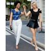 imageBlingfit Cold Shoulder Tops Tunic Summer Slim Fit Shirts for Women V Neck Short Sleeve Casual Tees Workout TopsBlue Printed Flower