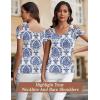 imageBlingfit Cold Shoulder Tops Tunic Summer Slim Fit Shirts for Women V Neck Short Sleeve Casual Tees Workout TopsBlue and White Porcelain Flowers