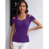 imageBlingfit Cold Shoulder Tops Tunic Summer Slim Fit Shirts for Women V Neck Short Sleeve Casual Tees Workout TopsPurple