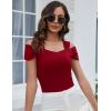 imageBlingfit Cold Shoulder Tops Tunic Summer Slim Fit Shirts for Women V Neck Short Sleeve Casual Tees Workout TopsWine Redblue