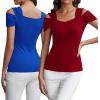 imageBlingfit Cold Shoulder Tops Tunic Summer Slim Fit Shirts for Women V Neck Short Sleeve Casual Tees Workout TopsWine Redblue