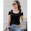 imageBlingfit Trendy Summer Sexy Top for Women Cold Shoulder Tops V Neck Pleated Blouses Dressy Casual Loose Fit Printed ShirtsAblack