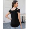 imageBlingfit Trendy Summer Sexy Top for Women Cold Shoulder Tops V Neck Pleated Blouses Dressy Casual Loose Fit Printed ShirtsAblack