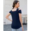 imageBlingfit Trendy Summer Sexy Top for Women Cold Shoulder Tops V Neck Pleated Blouses Dressy Casual Loose Fit Printed ShirtsAdark Blue