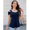 imageBlingfit Trendy Summer Sexy Top for Women Cold Shoulder Tops V Neck Pleated Blouses Dressy Casual Loose Fit Printed ShirtsAdark Blue