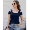 imageBlingfit Trendy Summer Sexy Top for Women Cold Shoulder Tops V Neck Pleated Blouses Dressy Casual Loose Fit Printed ShirtsAdark Blue