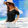 imageBlingfit Women Summer Cold Shoulder Tops Loose V Neck Short Sleeve Blouses Sexy Casual Ruffle Sleeves Tunic Shirts SXXLAbalck