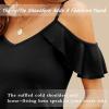 imageBlingfit Women Summer Cold Shoulder Tops Loose V Neck Short Sleeve Blouses Sexy Casual Ruffle Sleeves Tunic Shirts SXXLAbalck