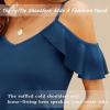 imageBlingfit Women Summer Cold Shoulder Tops Loose V Neck Short Sleeve Blouses Sexy Casual Ruffle Sleeves Tunic Shirts SXXLAblue