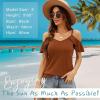 imageBlingfit Women Summer Cold Shoulder Tops Loose V Neck Short Sleeve Blouses Sexy Casual Ruffle Sleeves Tunic Shirts SXXLAcaramel