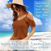 imageBlingfit Women Summer Cold Shoulder Tops Loose V Neck Short Sleeve Blouses Sexy Casual Ruffle Sleeves Tunic Shirts SXXLAcaramel