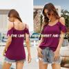 imageBlingfit Women Summer Cold Shoulder Tops Loose V Neck Short Sleeve Blouses Sexy Casual Ruffle Sleeves Tunic Shirts SXXLApurple Red