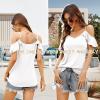 imageBlingfit Women Summer Cold Shoulder Tops Loose V Neck Short Sleeve Blouses Sexy Casual Ruffle Sleeves Tunic Shirts SXXLAwhite