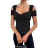 imageBlingfit Cold Shoulder Tops Tunic Summer Slim Fit Shirts for Women V Neck Short Sleeve Casual Tees Workout TopsBlack