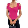 imageBlingfit Cold Shoulder Tops Tunic Summer Slim Fit Shirts for Women V Neck Short Sleeve Casual Tees Workout TopsRose Red