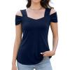 imageBlingfit Trendy Summer Sexy Top for Women Cold Shoulder Tops V Neck Pleated Blouses Dressy Casual Loose Fit Printed ShirtsAdark Blue
