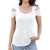 imageBlingfit Trendy Summer Sexy Top for Women Cold Shoulder Tops V Neck Pleated Blouses Dressy Casual Loose Fit Printed ShirtsAwhite