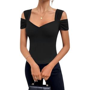 imageBlingfit Cold Shoulder Tops Tunic Summer Slim Fit Shirts for Women V Neck Short Sleeve Casual Tees Workout TopsBlack