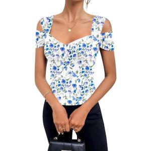 imageBlingfit Cold Shoulder Tops Tunic Summer Slim Fit Shirts for Women V Neck Short Sleeve Casual Tees Workout TopsBlue Flowers on White Background