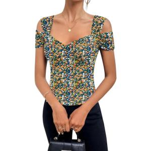 imageBlingfit Cold Shoulder Tops Tunic Summer Slim Fit Shirts for Women V Neck Short Sleeve Casual Tees Workout TopsBlue Orange Flower