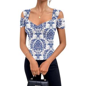 imageBlingfit Cold Shoulder Tops Tunic Summer Slim Fit Shirts for Women V Neck Short Sleeve Casual Tees Workout TopsBlue and White Porcelain Flowers