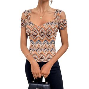 imageBlingfit Cold Shoulder Tops Tunic Summer Slim Fit Shirts for Women V Neck Short Sleeve Casual Tees Workout TopsBohemian Prints
