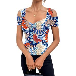 imageBlingfit Cold Shoulder Tops Tunic Summer Slim Fit Shirts for Women V Neck Short Sleeve Casual Tees Workout TopsColorful Flowers on Navy Background