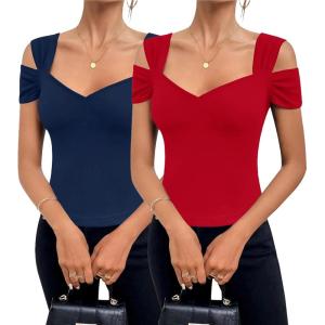 imageBlingfit Cold Shoulder Tops Tunic Summer Slim Fit Shirts for Women V Neck Short Sleeve Casual Tees Workout TopsDark Blue Red