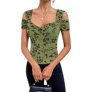 imageBlingfit Cold Shoulder Tops Tunic Summer Slim Fit Shirts for Women V Neck Short Sleeve Casual Tees Workout TopsGreen Background Print