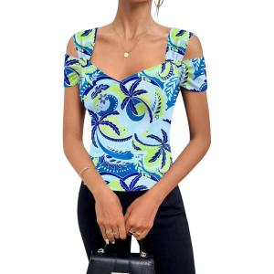 imageBlingfit Cold Shoulder Tops Tunic Summer Slim Fit Shirts for Women V Neck Short Sleeve Casual Tees Workout TopsHawaiian Blue Leaves