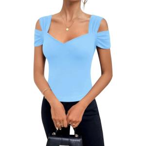 imageBlingfit Cold Shoulder Tops Tunic Summer Slim Fit Shirts for Women V Neck Short Sleeve Casual Tees Workout TopsLight Blue