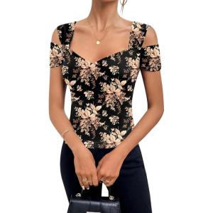 imageBlingfit Cold Shoulder Tops Tunic Summer Slim Fit Shirts for Women V Neck Short Sleeve Casual Tees Workout TopsOrange Flowers on Black Background