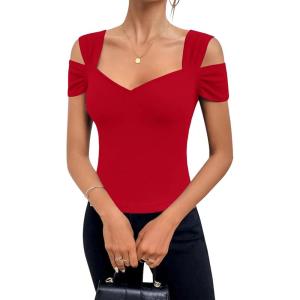 imageBlingfit Cold Shoulder Tops Tunic Summer Slim Fit Shirts for Women V Neck Short Sleeve Casual Tees Workout TopsRed