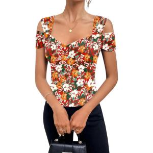 imageBlingfit Cold Shoulder Tops Tunic Summer Slim Fit Shirts for Women V Neck Short Sleeve Casual Tees Workout TopsRed Background Print