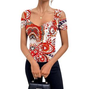 imageBlingfit Cold Shoulder Tops Tunic Summer Slim Fit Shirts for Women V Neck Short Sleeve Casual Tees Workout TopsRed Flowers on White Background