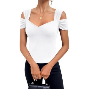 imageBlingfit Cold Shoulder Tops Tunic Summer Slim Fit Shirts for Women V Neck Short Sleeve Casual Tees Workout TopsWhite