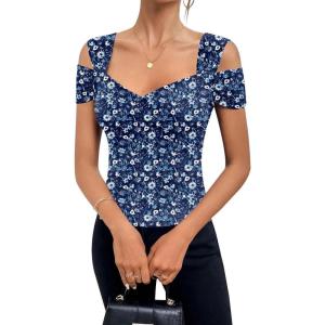 imageBlingfit Cold Shoulder Tops Tunic Summer Slim Fit Shirts for Women V Neck Short Sleeve Casual Tees Workout TopsWhite Flowers on Dark Blue Background