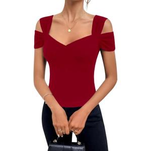 imageBlingfit Cold Shoulder Tops Tunic Summer Slim Fit Shirts for Women V Neck Short Sleeve Casual Tees Workout TopsWine Red
