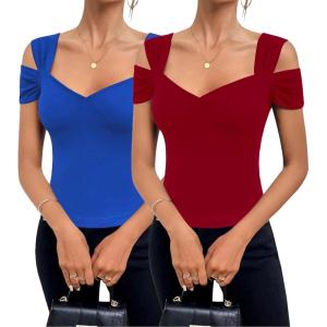 imageBlingfit Cold Shoulder Tops Tunic Summer Slim Fit Shirts for Women V Neck Short Sleeve Casual Tees Workout TopsWine Redblue