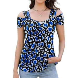 imageBlingfit Trendy Summer Sexy Top for Women Cold Shoulder Tops V Neck Pleated Blouses Dressy Casual Loose Fit Printed ShirtsBblack Background Printing