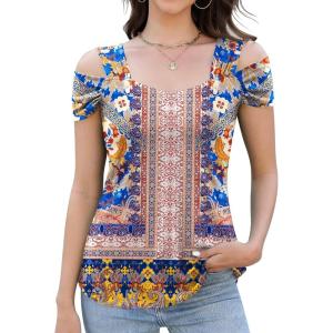 imageBlingfit Trendy Summer Sexy Top for Women Cold Shoulder Tops V Neck Pleated Blouses Dressy Casual Loose Fit Printed ShirtsBbohemian Red