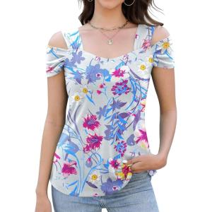 imageBlingfit Trendy Summer Sexy Top for Women Cold Shoulder Tops V Neck Pleated Blouses Dressy Casual Loose Fit Printed ShirtsBgray Background Printing