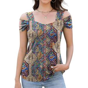 imageBlingfit Trendy Summer Sexy Top for Women Cold Shoulder Tops V Neck Pleated Blouses Dressy Casual Loose Fit Printed ShirtsBmf