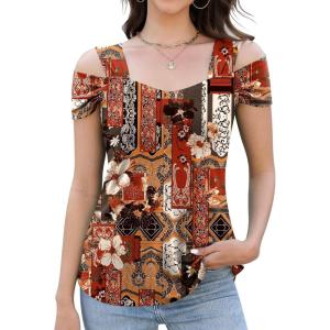 imageBlingfit Trendy Summer Sexy Top for Women Cold Shoulder Tops V Neck Pleated Blouses Dressy Casual Loose Fit Printed ShirtsBred Background Printing