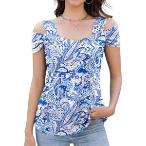 imageBlingfit Trendy Summer Sexy Top for Women Cold Shoulder Tops V Neck Pleated Blouses Dressy Casual Loose Fit Printed ShirtsBwblf