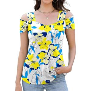 imageBlingfit Trendy Summer Sexy Top for Women Cold Shoulder Tops V Neck Pleated Blouses Dressy Casual Loose Fit Printed ShirtsBwbyf