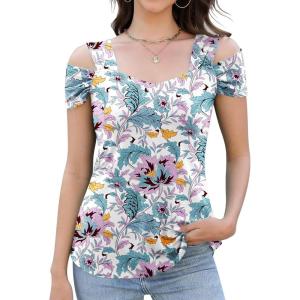 imageBlingfit Trendy Summer Sexy Top for Women Cold Shoulder Tops V Neck Pleated Blouses Dressy Casual Loose Fit Printed ShirtsBwhite Background Leaves