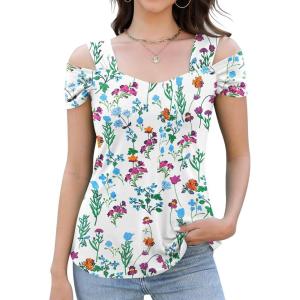imageBlingfit Trendy Summer Sexy Top for Women Cold Shoulder Tops V Neck Pleated Blouses Dressy Casual Loose Fit Printed ShirtsBwhite Background Printing