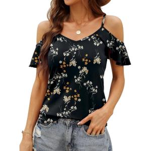 imageBlingfit Women Summer Cold Shoulder Tops Loose V Neck Short Sleeve Blouses Sexy Casual Ruffle Sleeves Tunic Shirts SXXLAbd